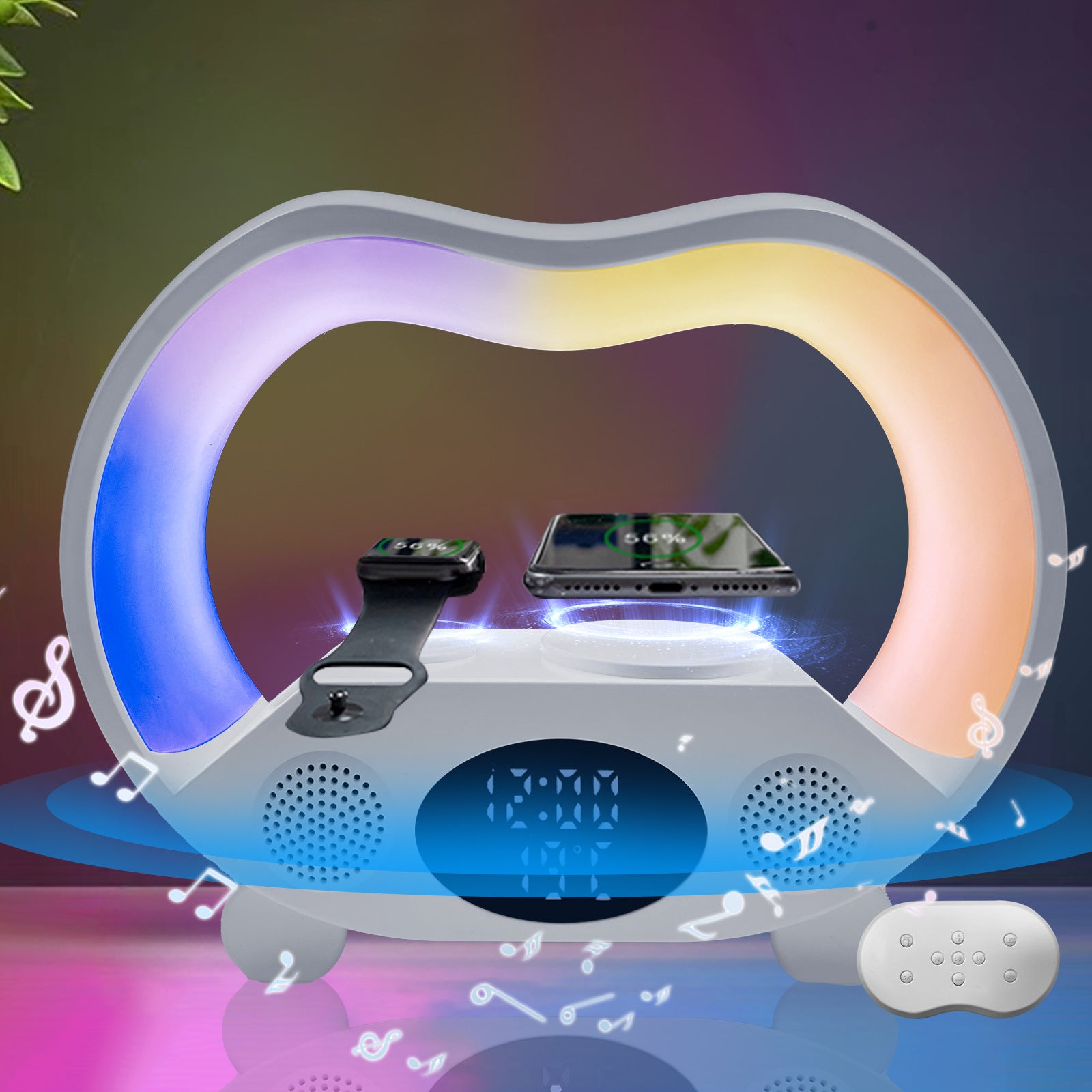 New 6 In 1 Remote Control Bluetooth Ambience LED Table Lamp Multi-function Wireless Charger Night Light Speaker