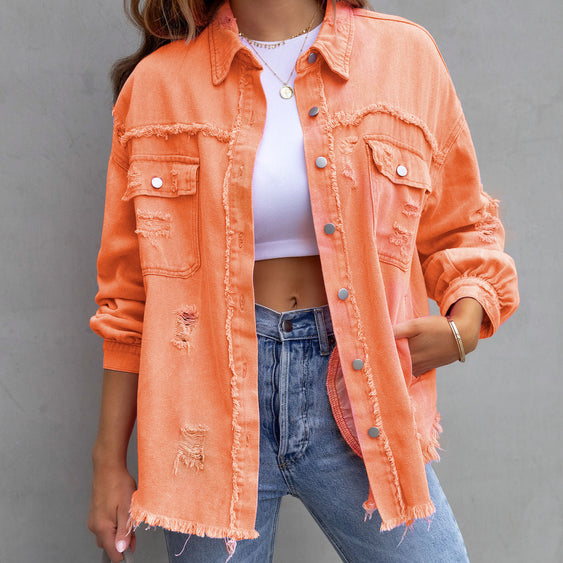 Fashion Ripped Shirt Jacket Female Autumn And Spring Casual Tops