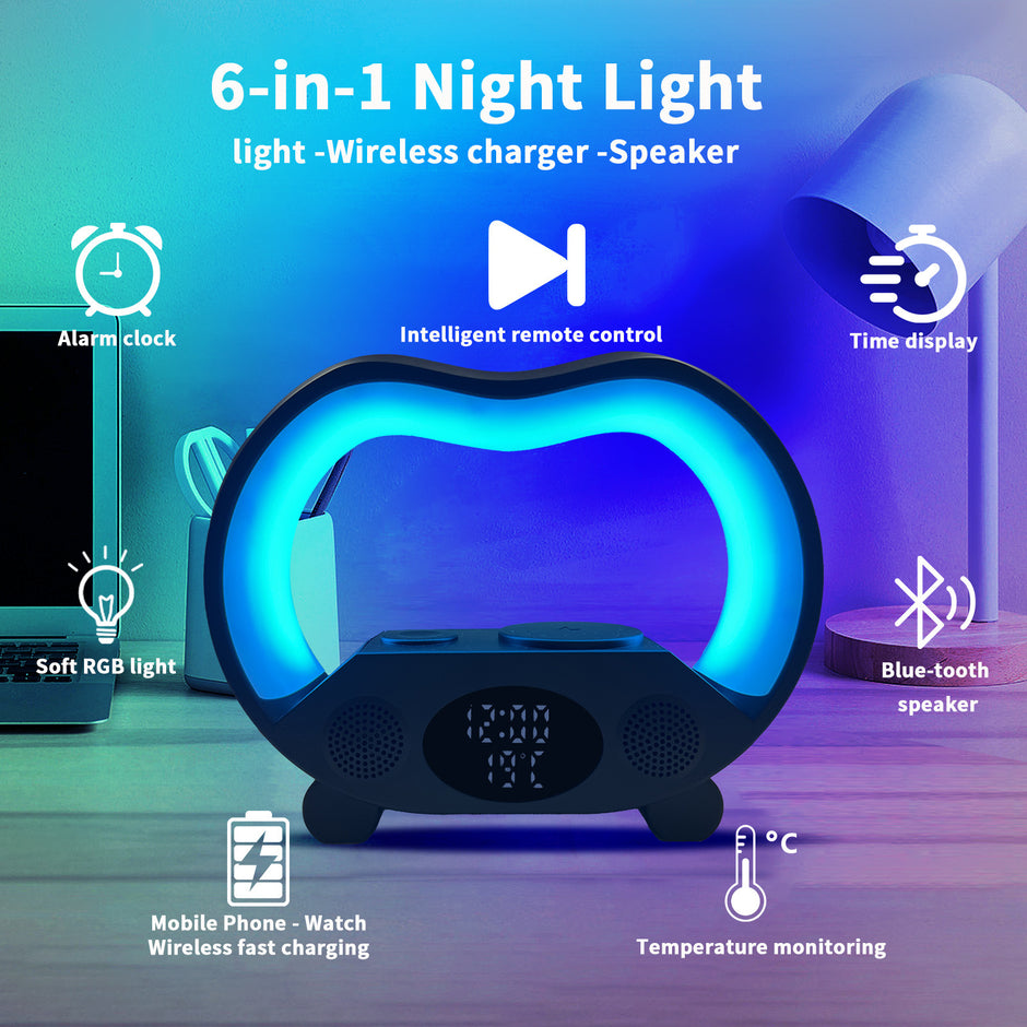 New 6 In 1 Remote Control Bluetooth Ambience LED Table Lamp Multi-function Wireless Charger Night Light Speaker