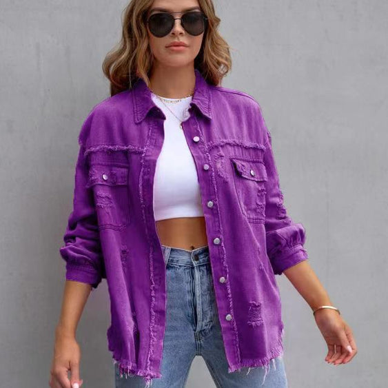 Fashion Ripped Shirt Jacket Female Autumn And Spring Casual Tops