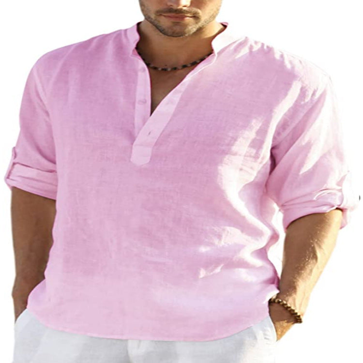 Men's Casual Cotton Linen Solid Color Long Sleeve Shirt