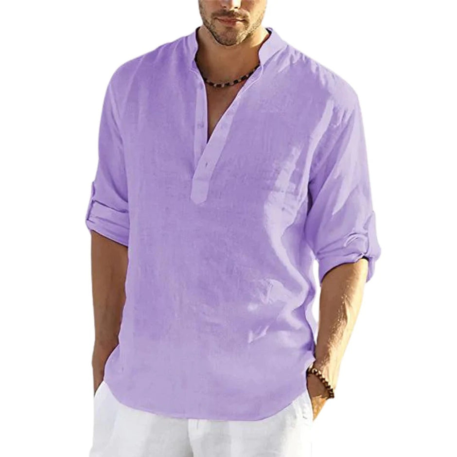 Men's Casual Cotton Linen Solid Color Long Sleeve Shirt