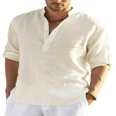 Men's Casual Cotton Linen Solid Color Long Sleeve Shirt