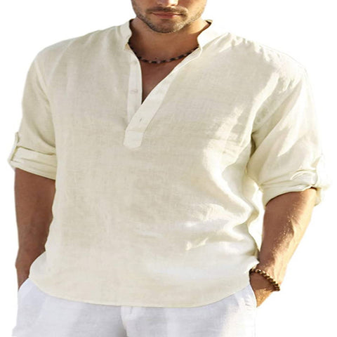 Men's Casual Cotton Linen Solid Color Long Sleeve Shirt