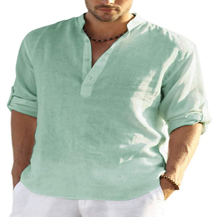 Men's Casual Cotton Linen Solid Color Long Sleeve Shirt