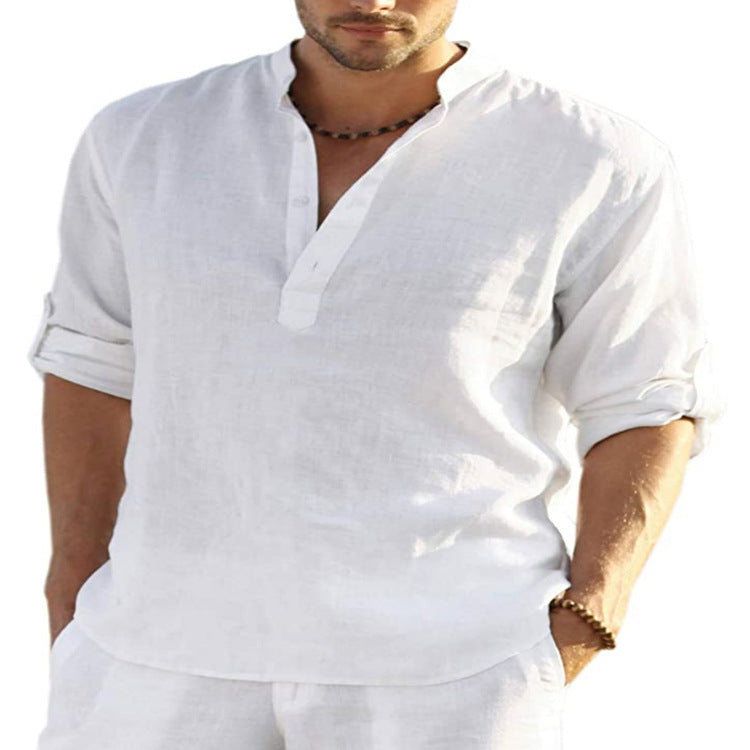 Men's Casual Cotton Linen Solid Color Long Sleeve Shirt