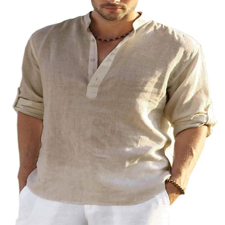 Men's Casual Cotton Linen Solid Color Long Sleeve Shirt