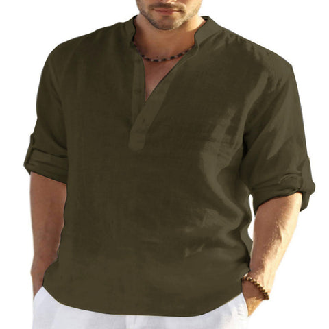 Men's Casual Cotton Linen Solid Color Long Sleeve Shirt