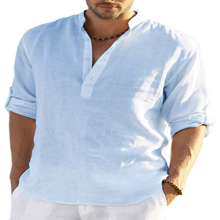 Men's Casual Cotton Linen Solid Color Long Sleeve Shirt