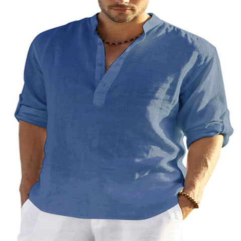 Men's Casual Cotton Linen Solid Color Long Sleeve Shirt