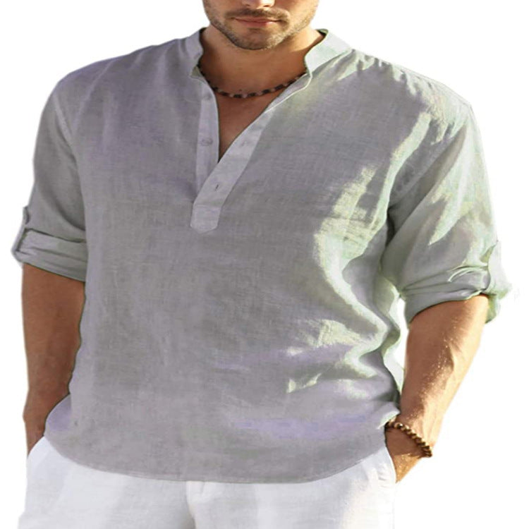 Men's Casual Cotton Linen Solid Color Long Sleeve Shirt