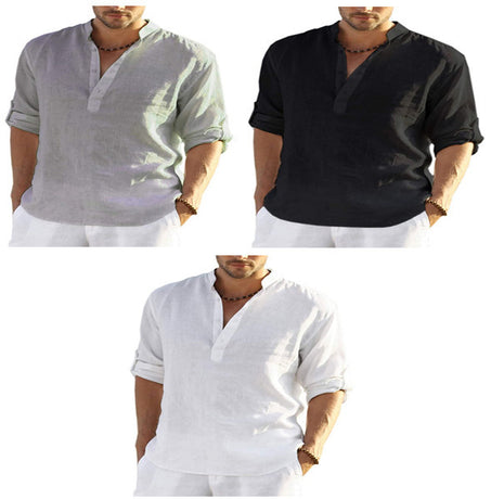 Men's Casual Cotton Linen Solid Color Long Sleeve Shirt