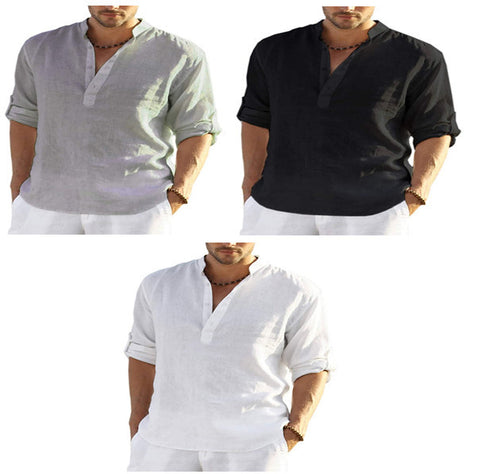 Men's Casual Cotton Linen Solid Color Long Sleeve Shirt