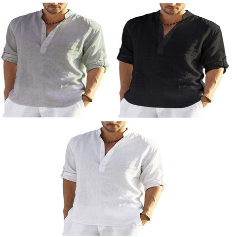 Men's Casual Cotton Linen Solid Color Long Sleeve Shirt